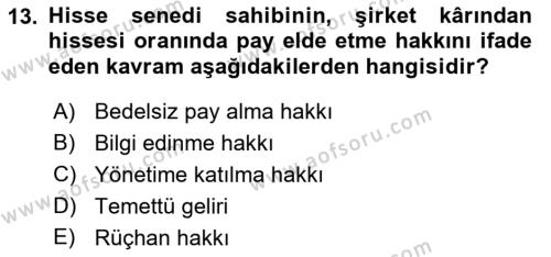 Genel Muhasebe 2 Dersi 2021 - 2022 Yılı (Vize) Ara Sınavı 13. Soru