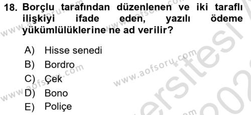 Genel Muhasebe 2 Dersi 2021 - 2022 Yılı (Vize) Ara Sınavı 18. Soru