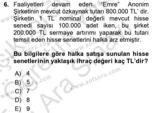 Genel Muhasebe 2 Dersi 2021 - 2022 Yılı (Vize) Ara Sınavı 6. Soru