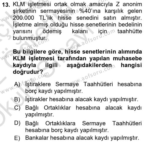 Genel Muhasebe 2 Dersi 2021 - 2022 Yılı Yaz Okulu Sınavı 13. Soru