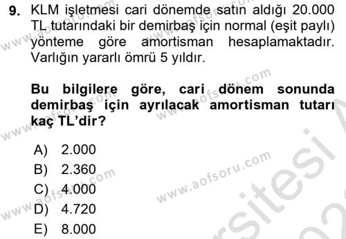 Genel Muhasebe 2 Dersi 2021 - 2022 Yılı Yaz Okulu Sınavı 9. Soru