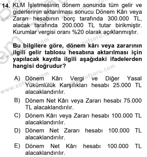 Genel Muhasebe 2 Dersi 2022 - 2023 Yılı (Final) Dönem Sonu Sınavı 14. Soru