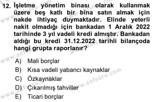 Genel Muhasebe 2 Dersi 2022 - 2023 Yılı Yaz Okulu Sınavı 12. Soru