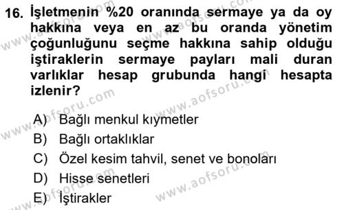 Genel Muhasebe 2 Dersi 2022 - 2023 Yılı Yaz Okulu Sınavı 16. Soru