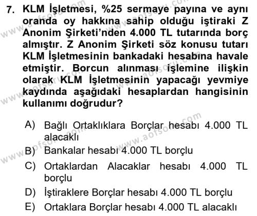 Genel Muhasebe 2 Dersi 2022 - 2023 Yılı Yaz Okulu Sınavı 7. Soru