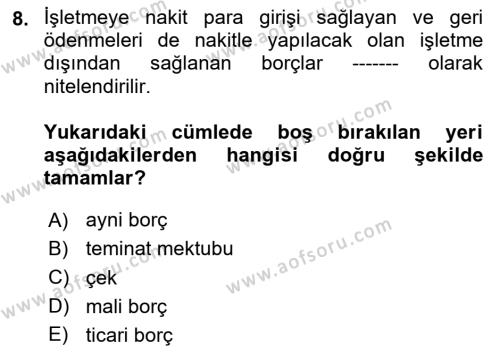 Genel Muhasebe 2 Dersi 2023 - 2024 Yılı (Vize) Ara Sınavı 8. Soru