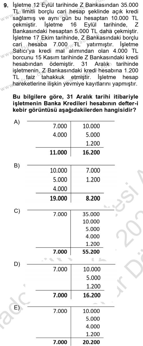 Genel Muhasebe 2 Dersi 2023 - 2024 Yılı (Vize) Ara Sınavı 9. Soru