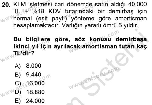 Genel Muhasebe 2 Dersi 2023 - 2024 Yılı (Final) Dönem Sonu Sınavı 20. Soru