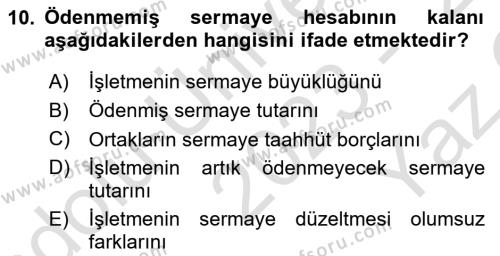 Genel Muhasebe 2 Dersi 2023 - 2024 Yılı Yaz Okulu Sınavı 10. Soru