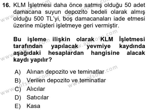 Genel Muhasebe 2 Dersi 2023 - 2024 Yılı Yaz Okulu Sınavı 16. Soru