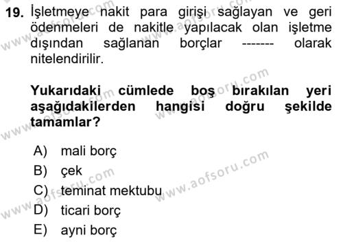 Genel Muhasebe 2 Dersi 2023 - 2024 Yılı Yaz Okulu Sınavı 19. Soru