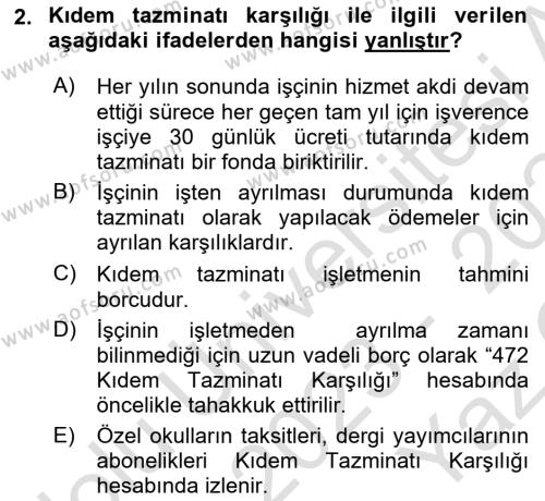 Genel Muhasebe 2 Dersi 2023 - 2024 Yılı Yaz Okulu Sınavı 2. Soru