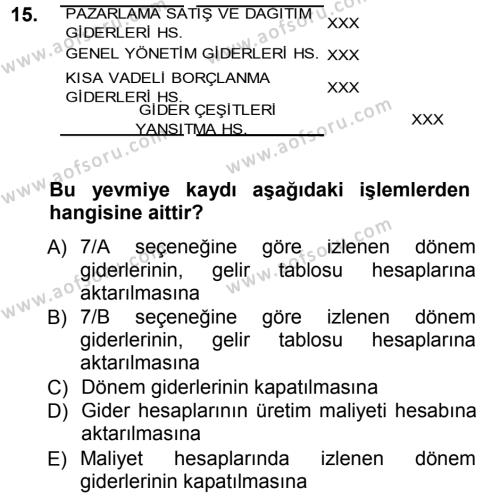 Envanter ve Bilanço Dersi 2012 - 2013 Yılı (Final) Dönem Sonu Sınavı 15. Soru