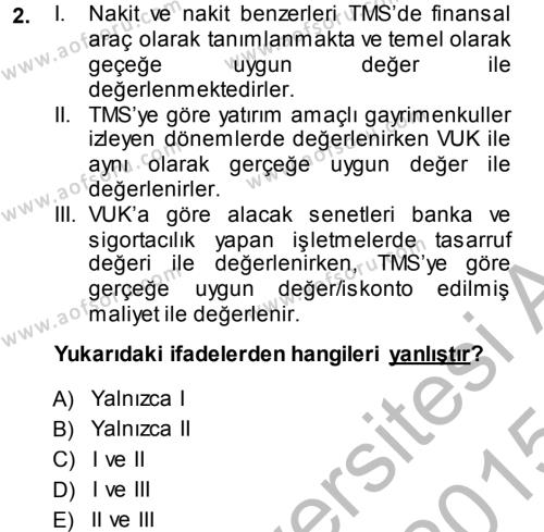 Envanter ve Bilanço Dersi 2014 - 2015 Yılı (Final) Dönem Sonu Sınavı 2. Soru