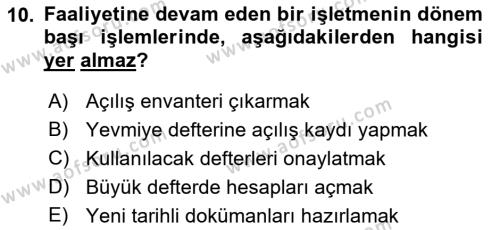 Envanter ve Bilanço Dersi 2018 - 2019 Yılı (Vize) Ara Sınavı 10. Soru