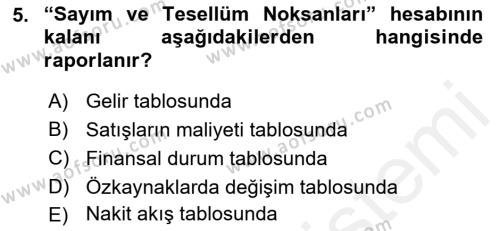 Envanter ve Bilanço Dersi 2018 - 2019 Yılı (Vize) Ara Sınavı 5. Soru