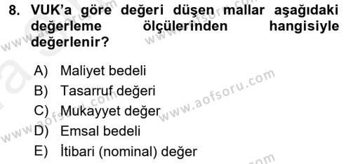 Envanter ve Bilanço Dersi 2018 - 2019 Yılı (Vize) Ara Sınavı 8. Soru