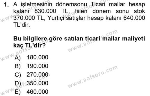 Envanter ve Bilanço Dersi 2022 - 2023 Yılı (Vize) Ara Sınavı 1. Soru