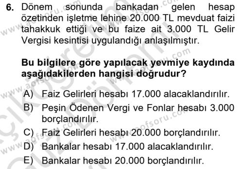 Envanter ve Bilanço Dersi 2022 - 2023 Yılı (Vize) Ara Sınavı 6. Soru