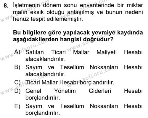 Envanter ve Bilanço Dersi 2022 - 2023 Yılı (Vize) Ara Sınavı 8. Soru