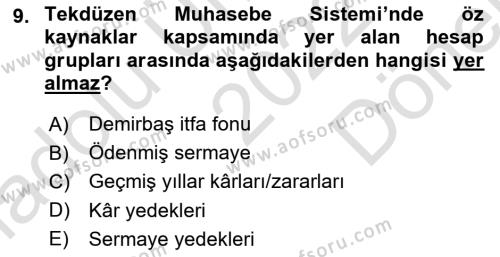 Envanter ve Bilanço Dersi 2022 - 2023 Yılı (Final) Dönem Sonu Sınavı 9. Soru