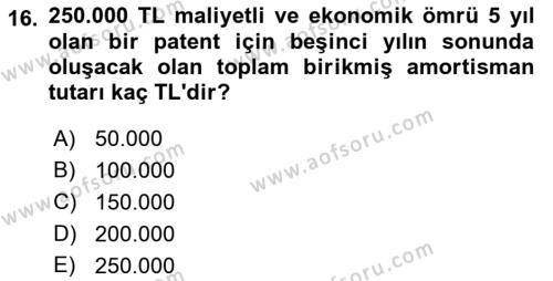 Envanter ve Bilanço Dersi 2022 - 2023 Yılı Yaz Okulu Sınavı 16. Soru