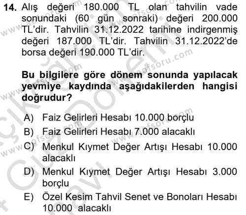 Envanter ve Bilanço Dersi 2023 - 2024 Yılı (Vize) Ara Sınavı 14. Soru