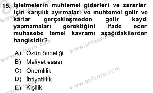 Envanter ve Bilanço Dersi 2023 - 2024 Yılı (Vize) Ara Sınavı 15. Soru