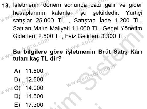 Envanter ve Bilanço Dersi 2023 - 2024 Yılı (Final) Dönem Sonu Sınavı 13. Soru