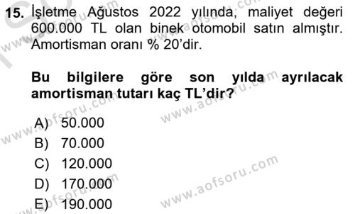 Envanter ve Bilanço Dersi 2023 - 2024 Yılı (Final) Dönem Sonu Sınavı 15. Soru