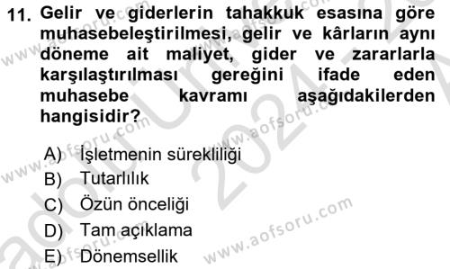 Envanter ve Bilanço Dersi 2024 - 2025 Yılı (Vize) Ara Sınavı 11. Soru