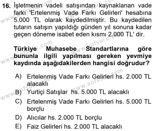 Envanter ve Bilanço Dersi 2024 - 2025 Yılı (Vize) Ara Sınavı 16. Soru