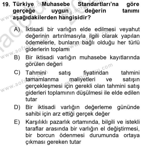 Envanter ve Bilanço Dersi 2024 - 2025 Yılı (Vize) Ara Sınavı 19. Soru