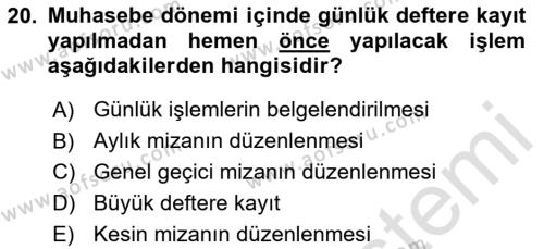 Envanter ve Bilanço Dersi 2024 - 2025 Yılı (Vize) Ara Sınavı 20. Soru