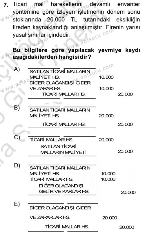 Envanter ve Bilanço Dersi 2024 - 2025 Yılı (Vize) Ara Sınavı 7. Soru