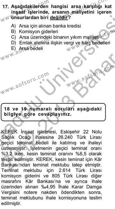 İnşaat ve Gayrimenkul Muhasebesi Dersi 2012 - 2013 Yılı (Vize) Ara Sınavı 17. Soru