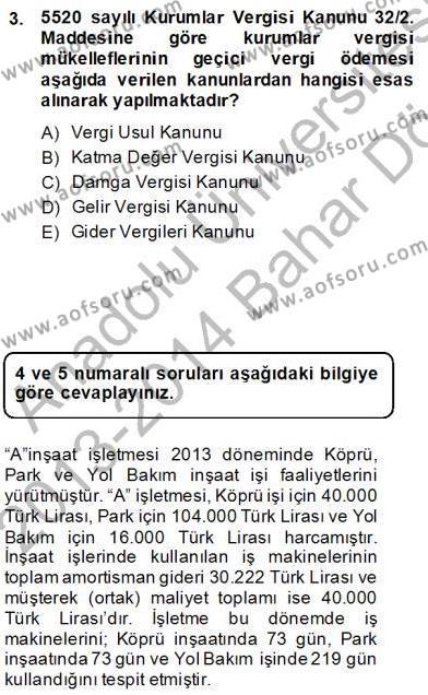 İnşaat ve Gayrimenkul Muhasebesi Dersi 2013 - 2014 Yılı (Final) Dönem Sonu Sınavı 3. Soru