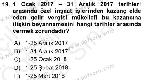 İnşaat ve Gayrimenkul Muhasebesi Dersi 2018 - 2019 Yılı (Vize) Ara Sınavı 19. Soru