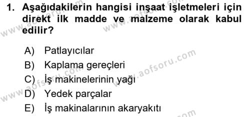 İnşaat ve Gayrimenkul Muhasebesi Dersi 2020 - 2021 Yılı Yaz Okulu Sınavı 1. Soru