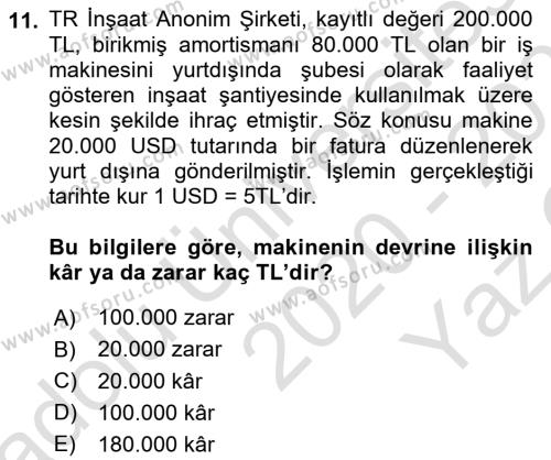 İnşaat ve Gayrimenkul Muhasebesi Dersi 2020 - 2021 Yılı Yaz Okulu Sınavı 11. Soru