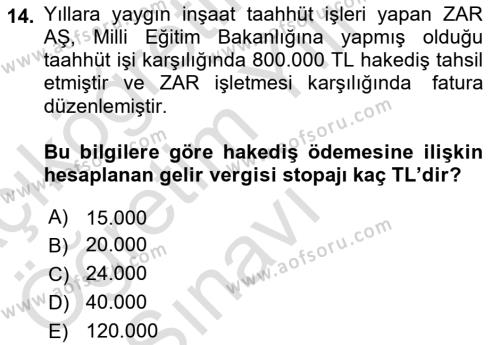 İnşaat ve Gayrimenkul Muhasebesi Dersi 2020 - 2021 Yılı Yaz Okulu Sınavı 14. Soru