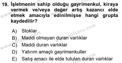 İnşaat ve Gayrimenkul Muhasebesi Dersi 2020 - 2021 Yılı Yaz Okulu Sınavı 19. Soru