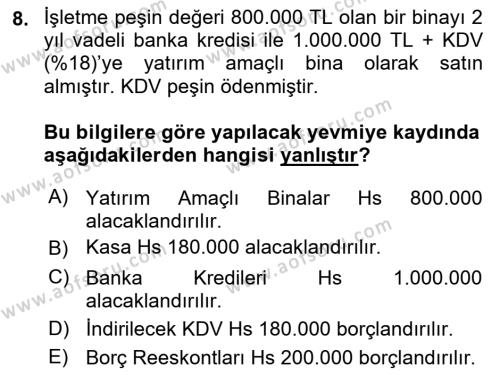 İnşaat ve Gayrimenkul Muhasebesi Dersi 2020 - 2021 Yılı Yaz Okulu Sınavı 8. Soru