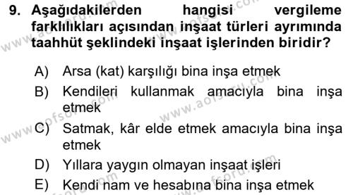 İnşaat ve Gayrimenkul Muhasebesi Dersi 2020 - 2021 Yılı Yaz Okulu Sınavı 9. Soru