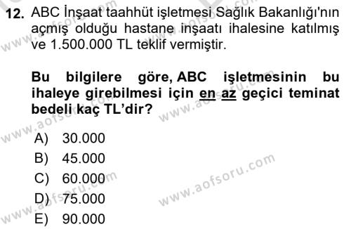 İnşaat ve Gayrimenkul Muhasebesi Dersi 2021 - 2022 Yılı (Vize) Ara Sınavı 12. Soru