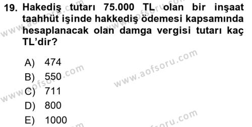 İnşaat ve Gayrimenkul Muhasebesi Dersi 2021 - 2022 Yılı (Vize) Ara Sınavı 19. Soru