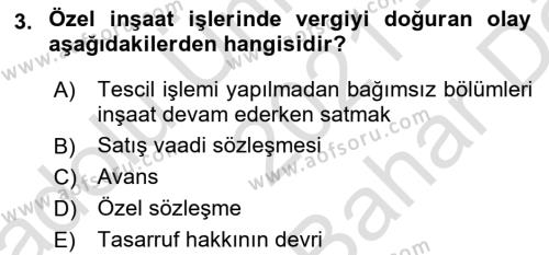 İnşaat ve Gayrimenkul Muhasebesi Dersi 2021 - 2022 Yılı (Vize) Ara Sınavı 3. Soru