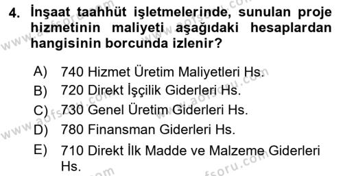 İnşaat ve Gayrimenkul Muhasebesi Dersi 2021 - 2022 Yılı (Vize) Ara Sınavı 4. Soru