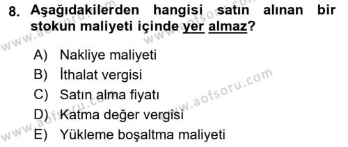 İnşaat ve Gayrimenkul Muhasebesi Dersi 2021 - 2022 Yılı (Vize) Ara Sınavı 8. Soru