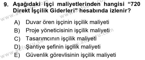 İnşaat ve Gayrimenkul Muhasebesi Dersi 2021 - 2022 Yılı (Vize) Ara Sınavı 9. Soru